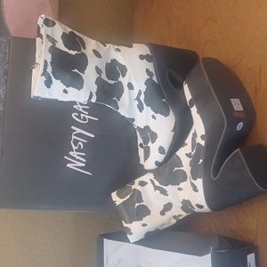 Cow print heeled sock boot